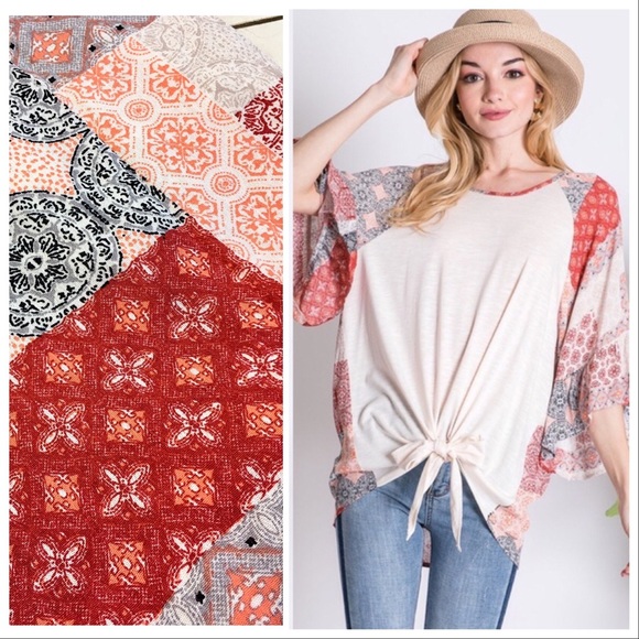 Abigail Boho Patchwork Tie Front Draped Top - Picture 2 of 8